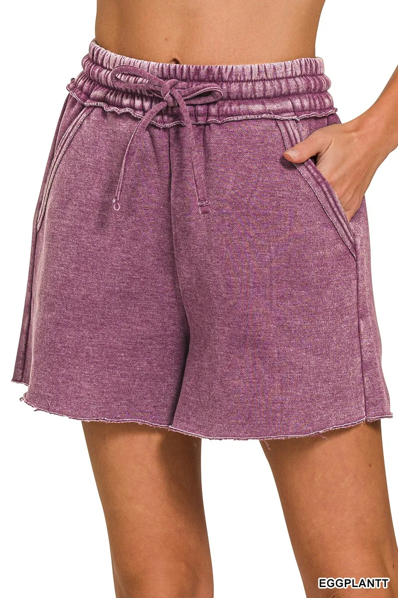 Zenana Acid Wash Fleece Drawstring Shorts With Pockets - Image 3