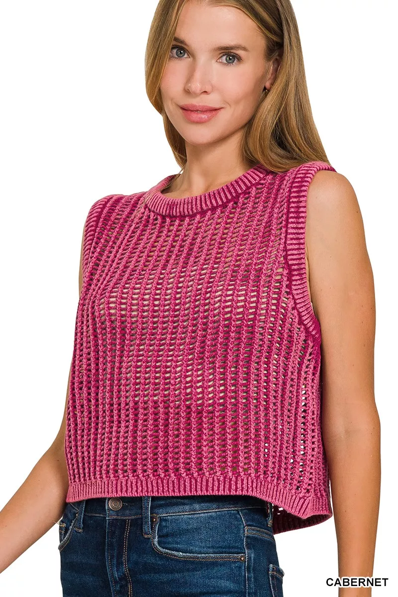 Zenana Acid Washed Fishnet Sweater Vest - Image 2
