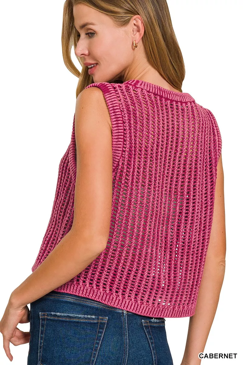 Zenana Acid Washed Fishnet Sweater Vest - Image 3