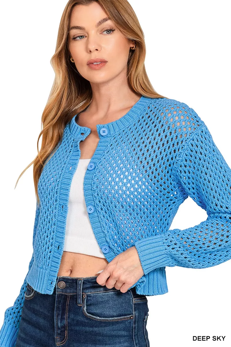 Zenana Button Down Lightweight Crochet Cardigan Sweater - Image 3