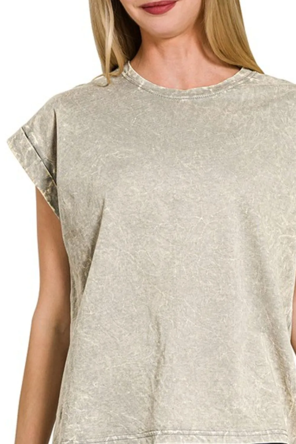 Zenana Crinkle Washed Round Neck Folded Short Sleeve Tee - Image 2