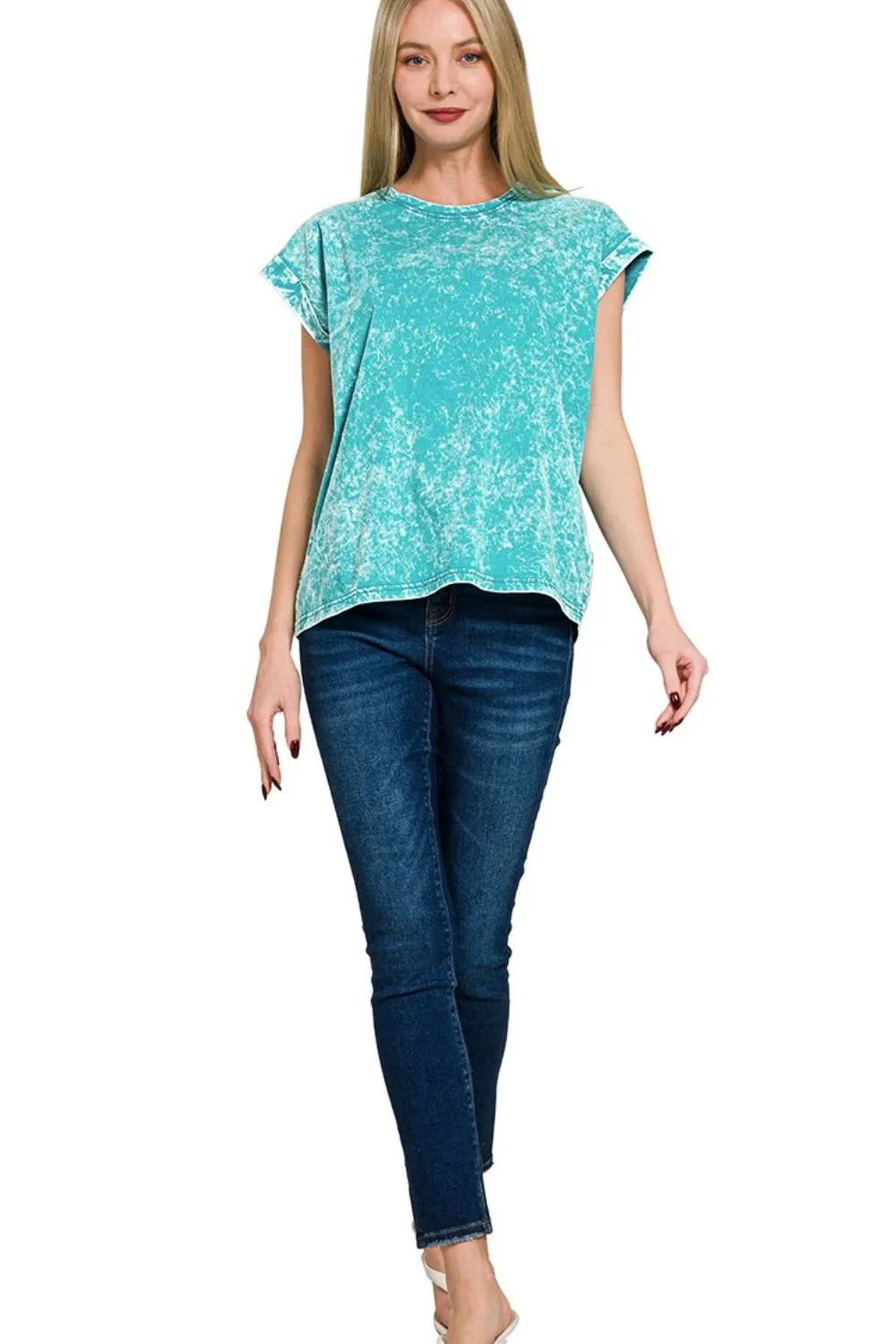 Zenana Crinkle Washed Round Neck Folded Short Sleeve Tee - Image 2