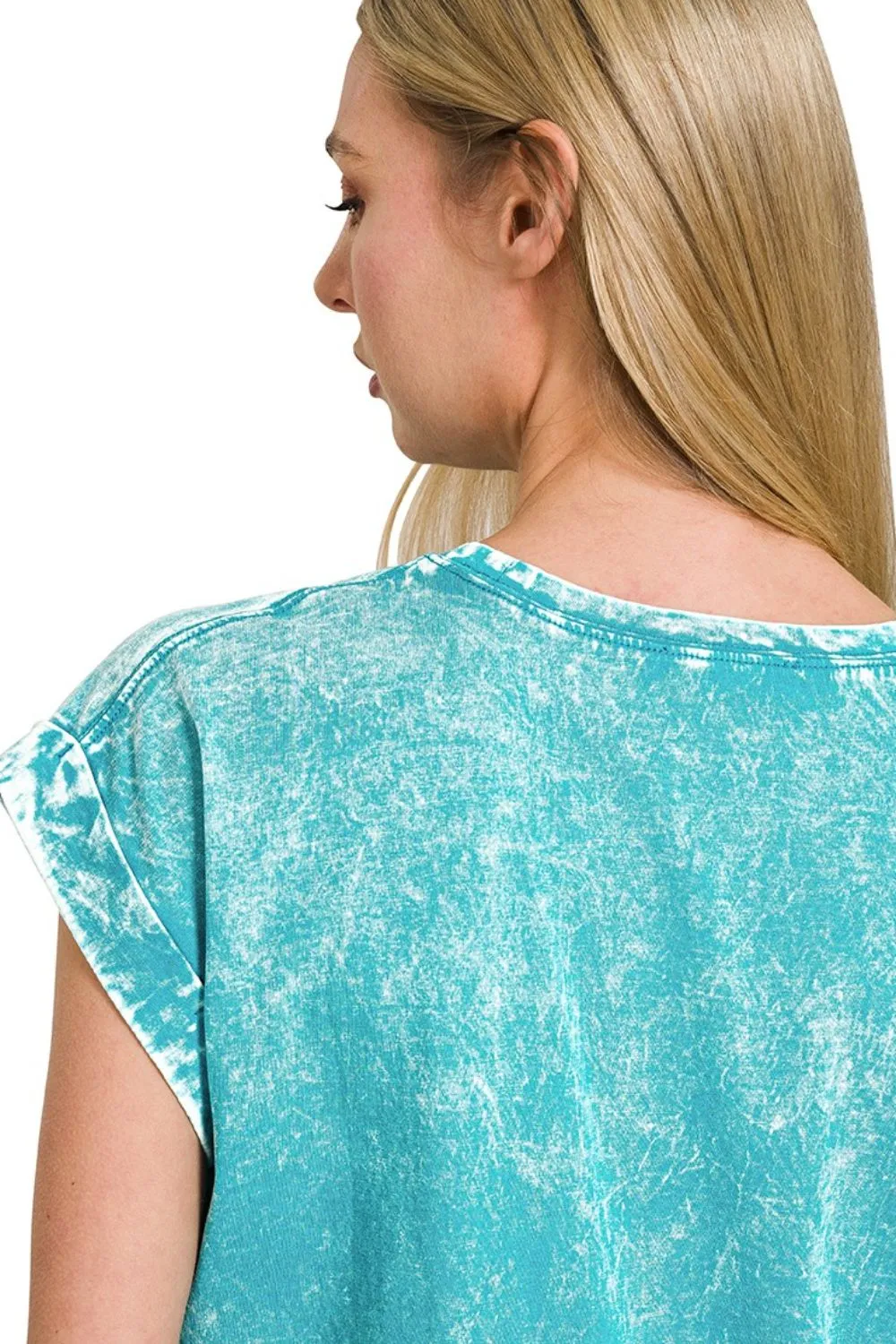 Zenana Crinkle Washed Round Neck Folded Short Sleeve Tee - Image 4