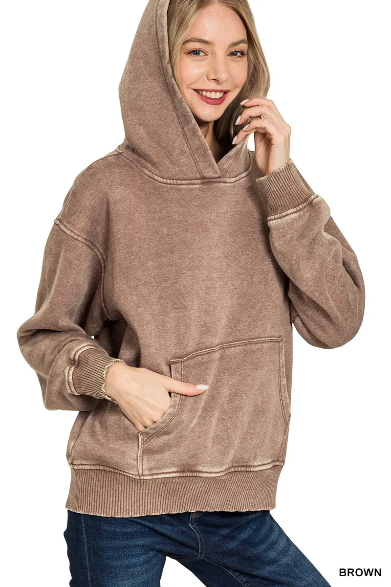 Zenana Fleece Acid Wash Kangaroo Pocket Hoodie - Image 2