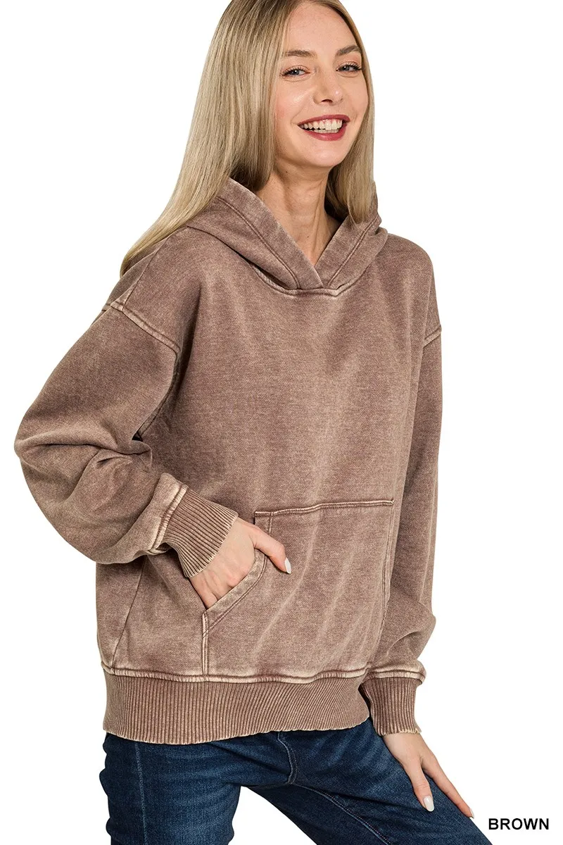 Zenana Fleece Acid Wash Kangaroo Pocket Hoodie - Image 3