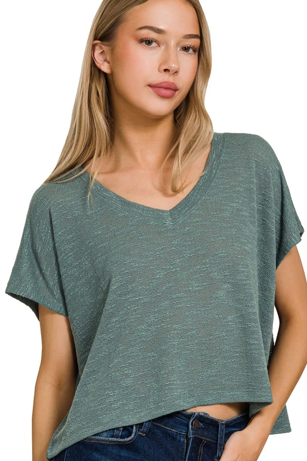 Zenana Hacci Slub V-neck Drop Shoulder Crop Top