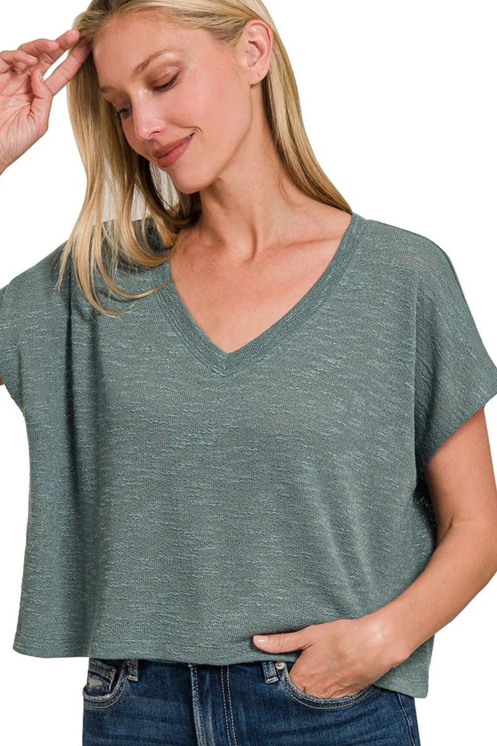 Zenana Hacci Slub V-neck Drop Shoulder Crop Top - Image 2