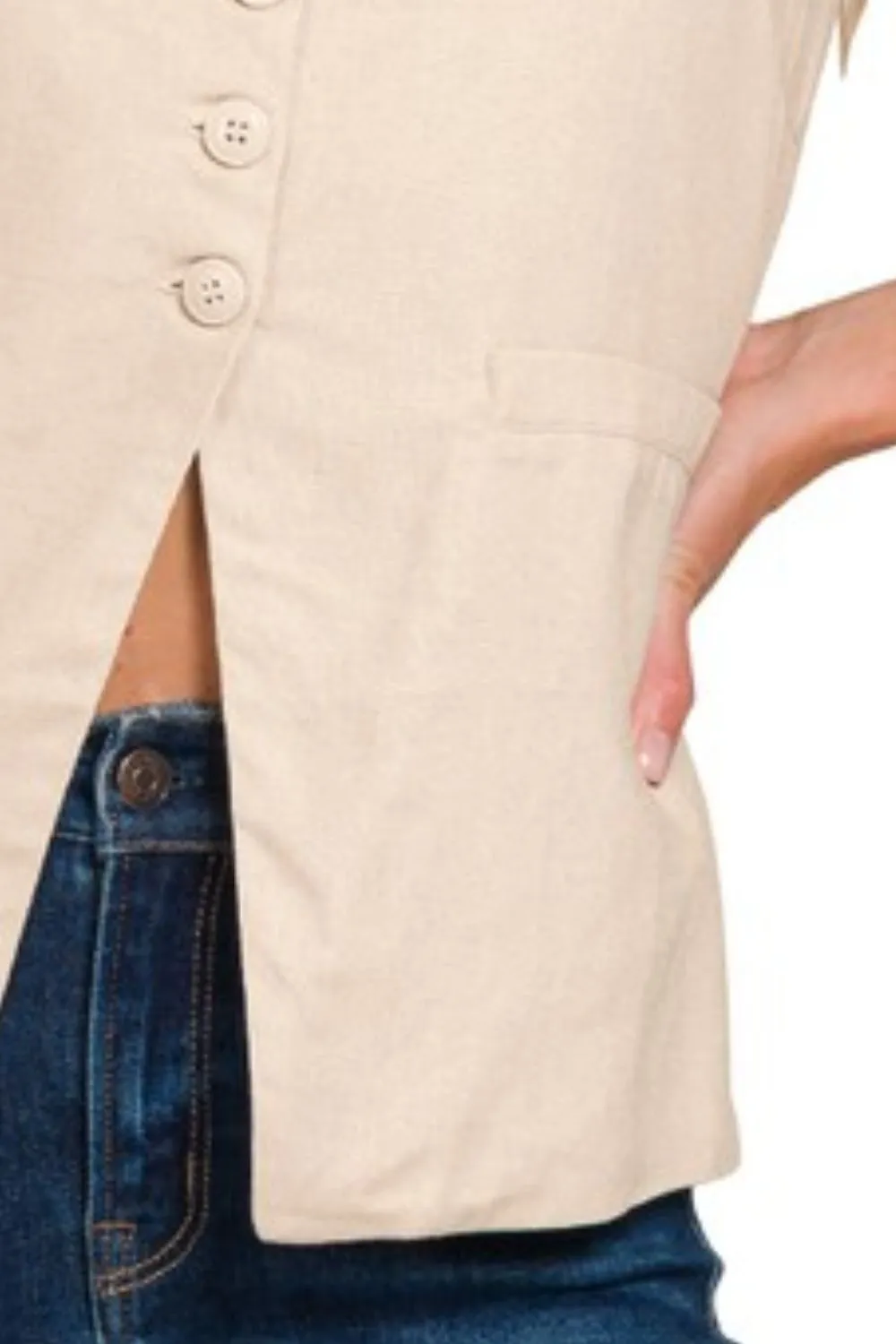 Zenana Linen Tie-back 4-button Vest with Lining - Image 3
