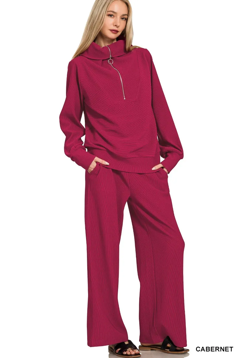 Zenana Ribbed High Neck Half Zip Pullover & Pants Set - Image 2