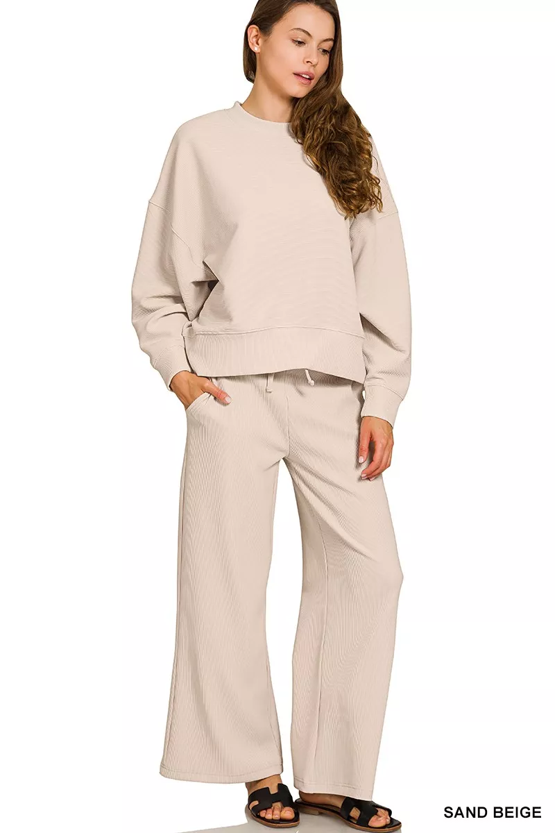 Zenana Ribbed Round Neck Pullover and Drawstring Pants Set