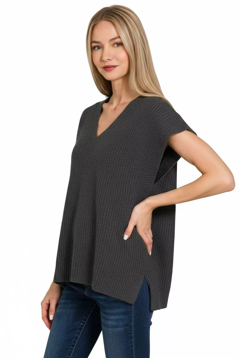 Zenana Ribbed Slit V-Neck Sweater Vest - Image 2