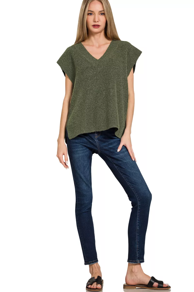 Zenana Ribbed Slit V-Neck Sweater Vest - Image 3