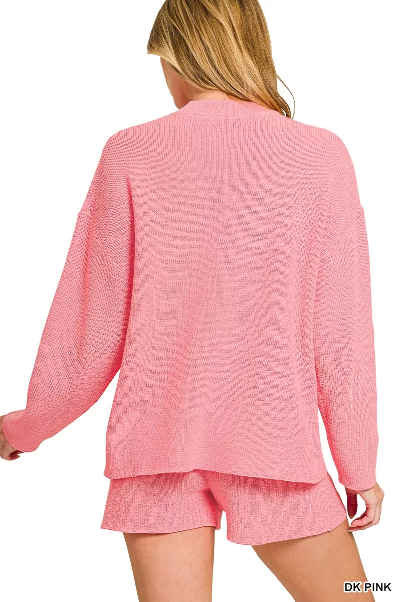 Zenana Round Neck Knit Top and Shorts Sweater Set - Image 2
