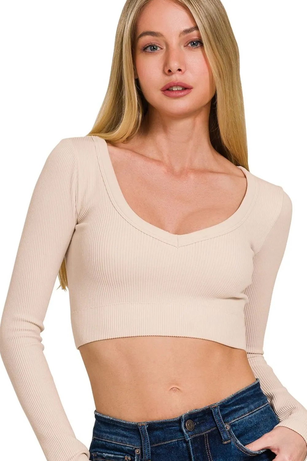Zenana Seamless Fitted Rib V-neck Long Sleeve Crop Top - Image 3