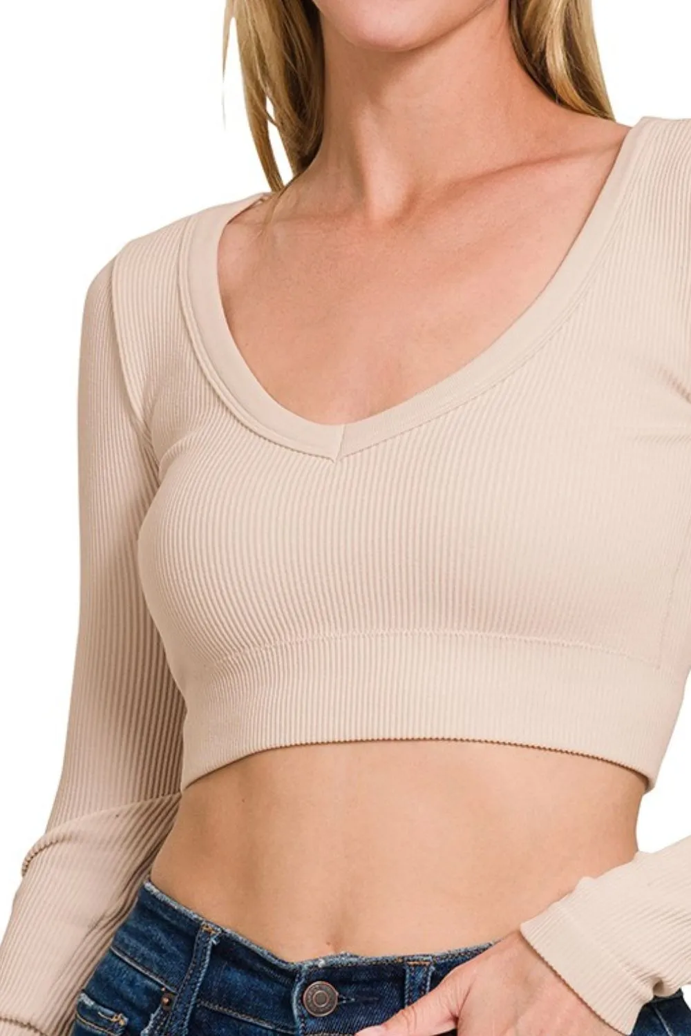 Zenana Seamless Fitted Rib V-neck Long Sleeve Crop Top - Image 4