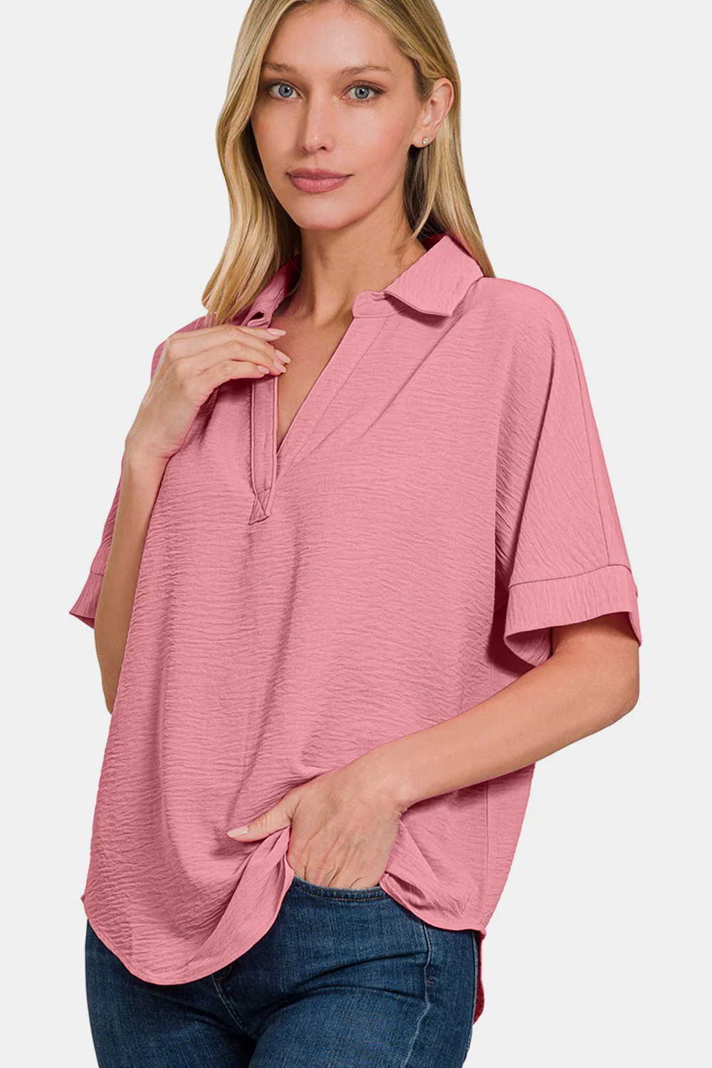 Zenana Texture Collared Neck Short Sleeve Top - Image 3