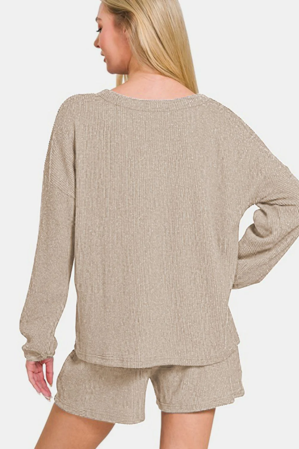 Zenana V-Neck Long Sleeve Ribbed Top and Shorts Set - Image 2