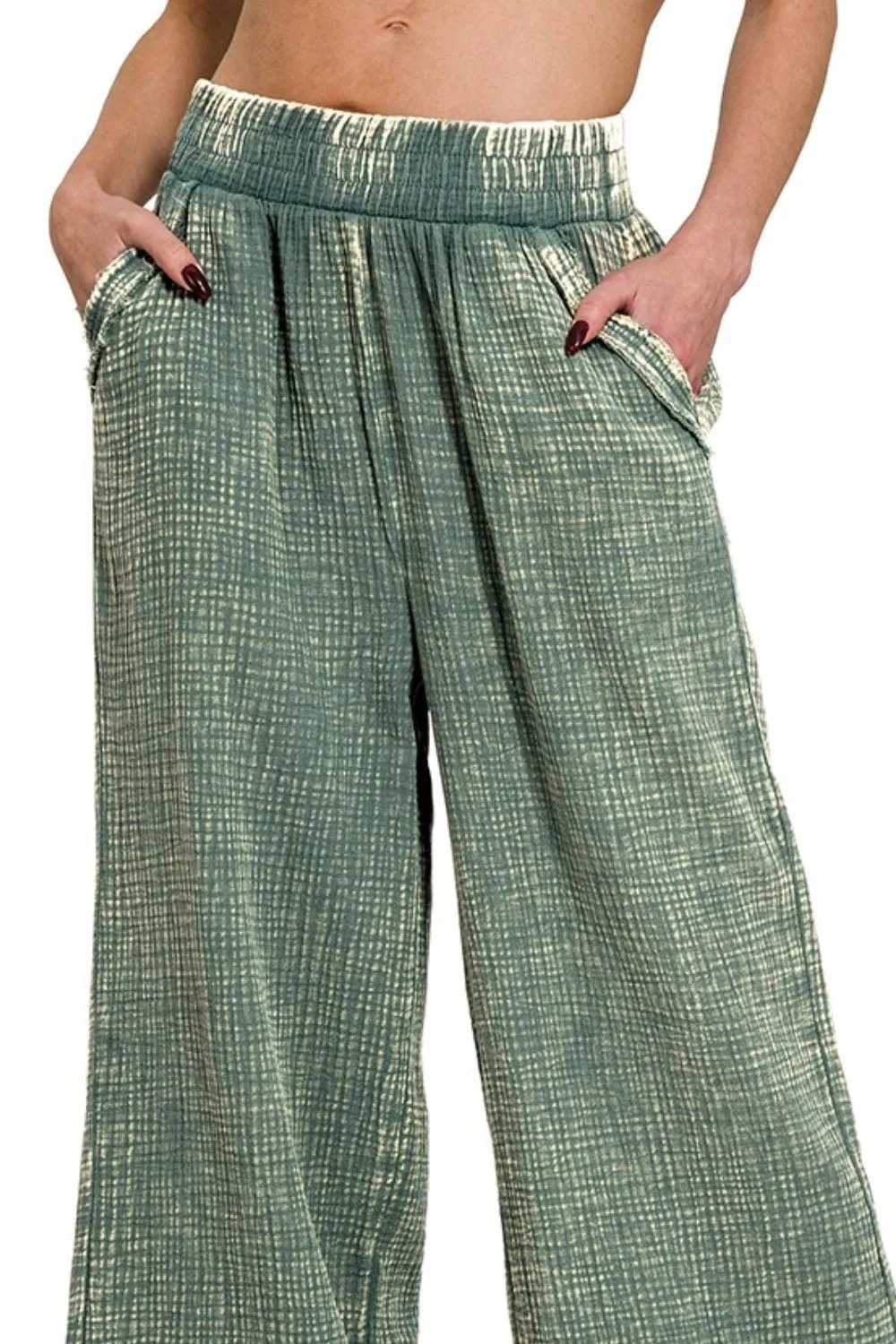 Zenana Washed Double Gauze Elastic Band Waist Pants - Image 2