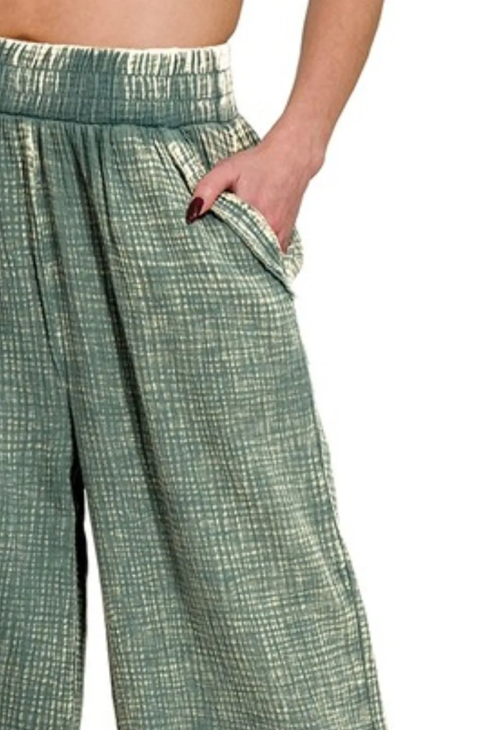 Zenana Washed Double Gauze Elastic Band Waist Pants - Image 3
