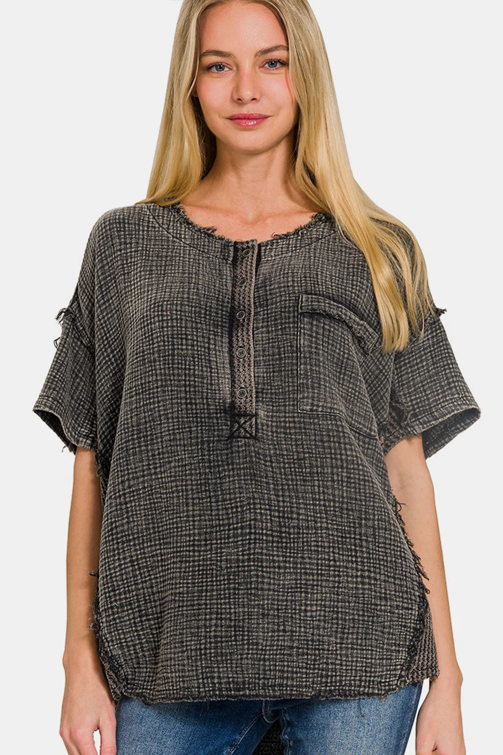 Zenana Washed Texture Half Button T-Shirt - Image 2
