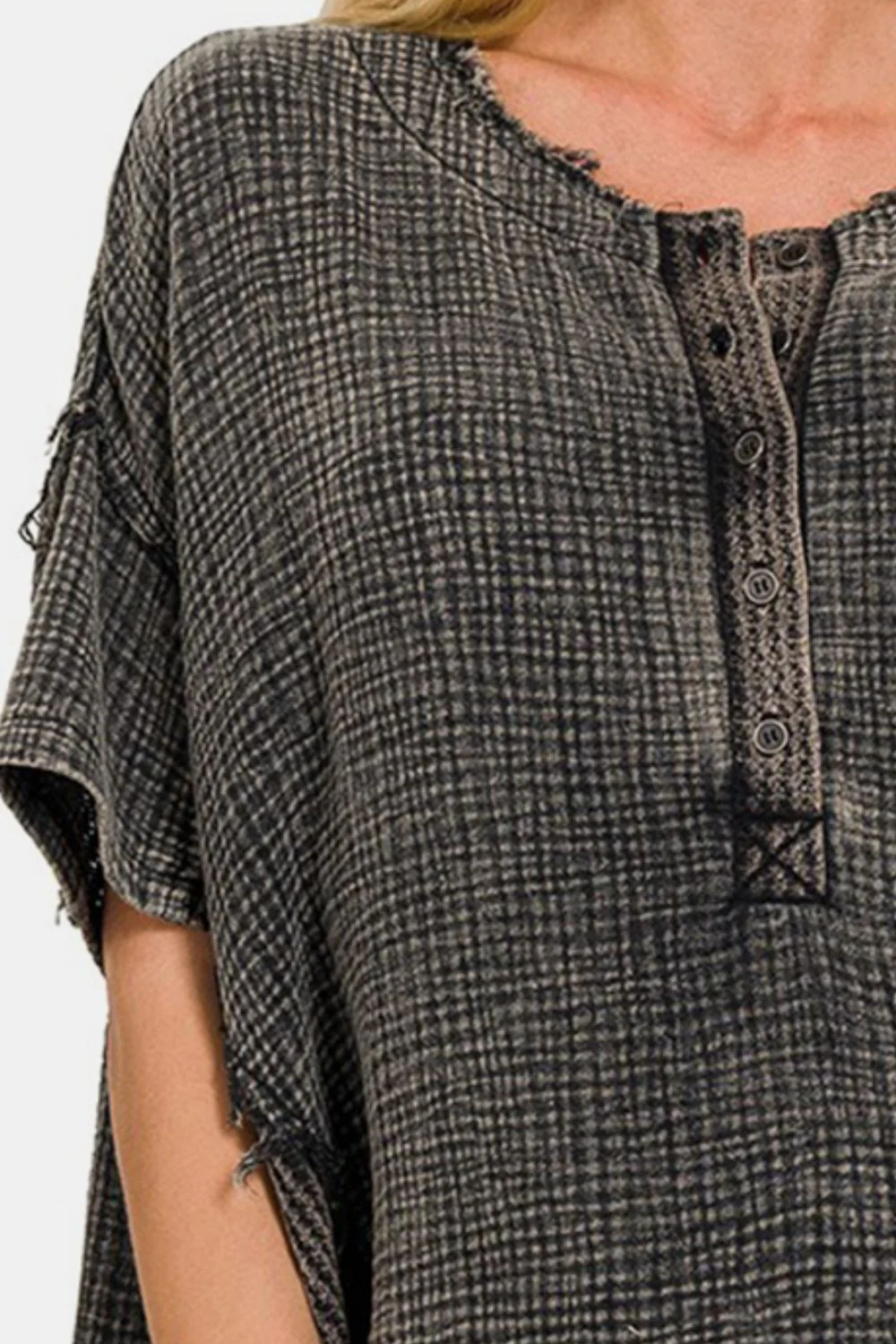 Zenana Washed Texture Half Button T-Shirt - Image 3