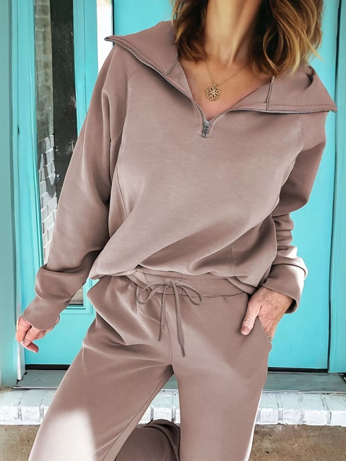 Zip Collar Long Sleeve Top and Drawstring Pants Set - Image 11