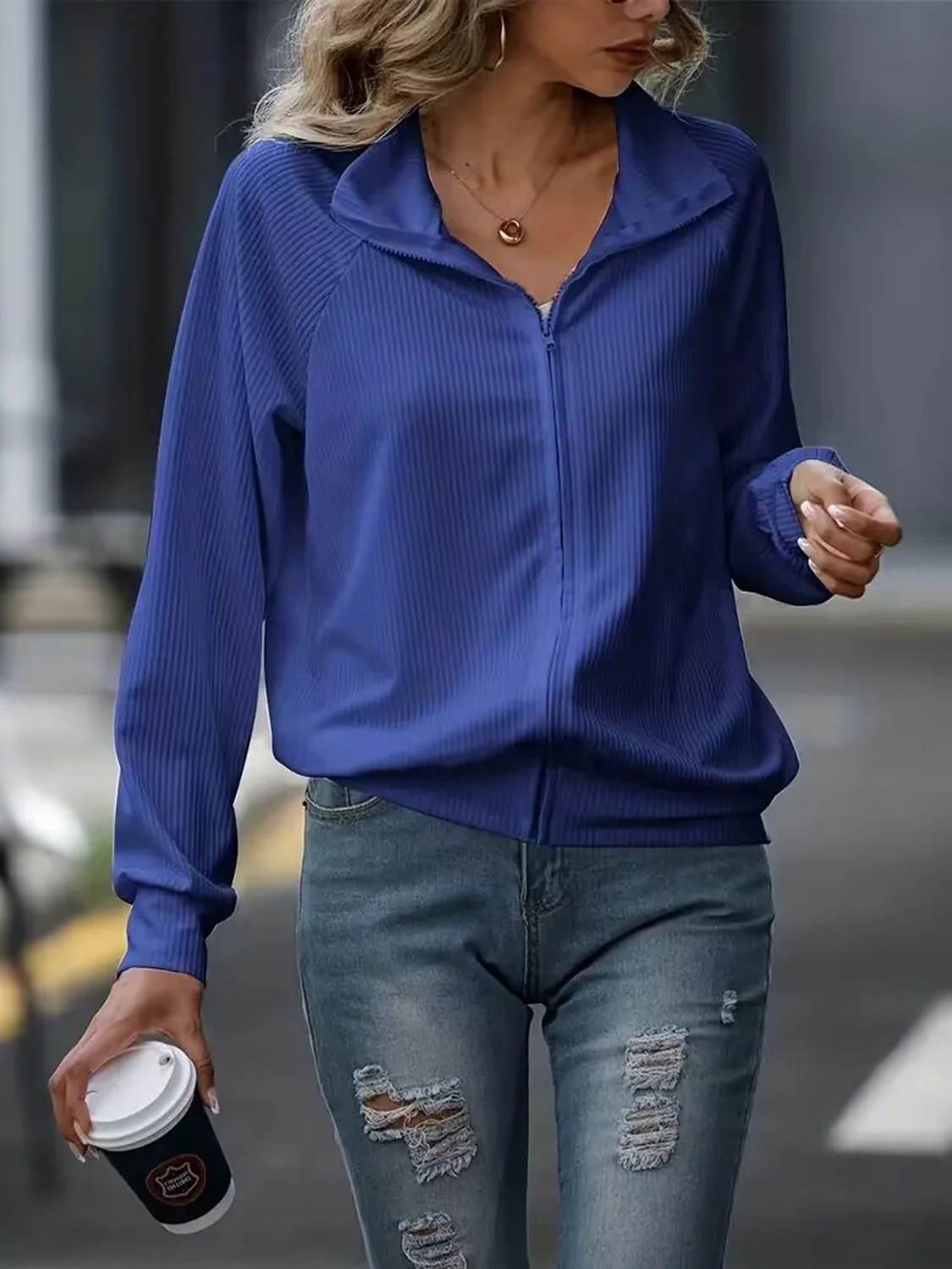 Zip Up Collared Neck Raglan Sleeve Jacket - Image 11