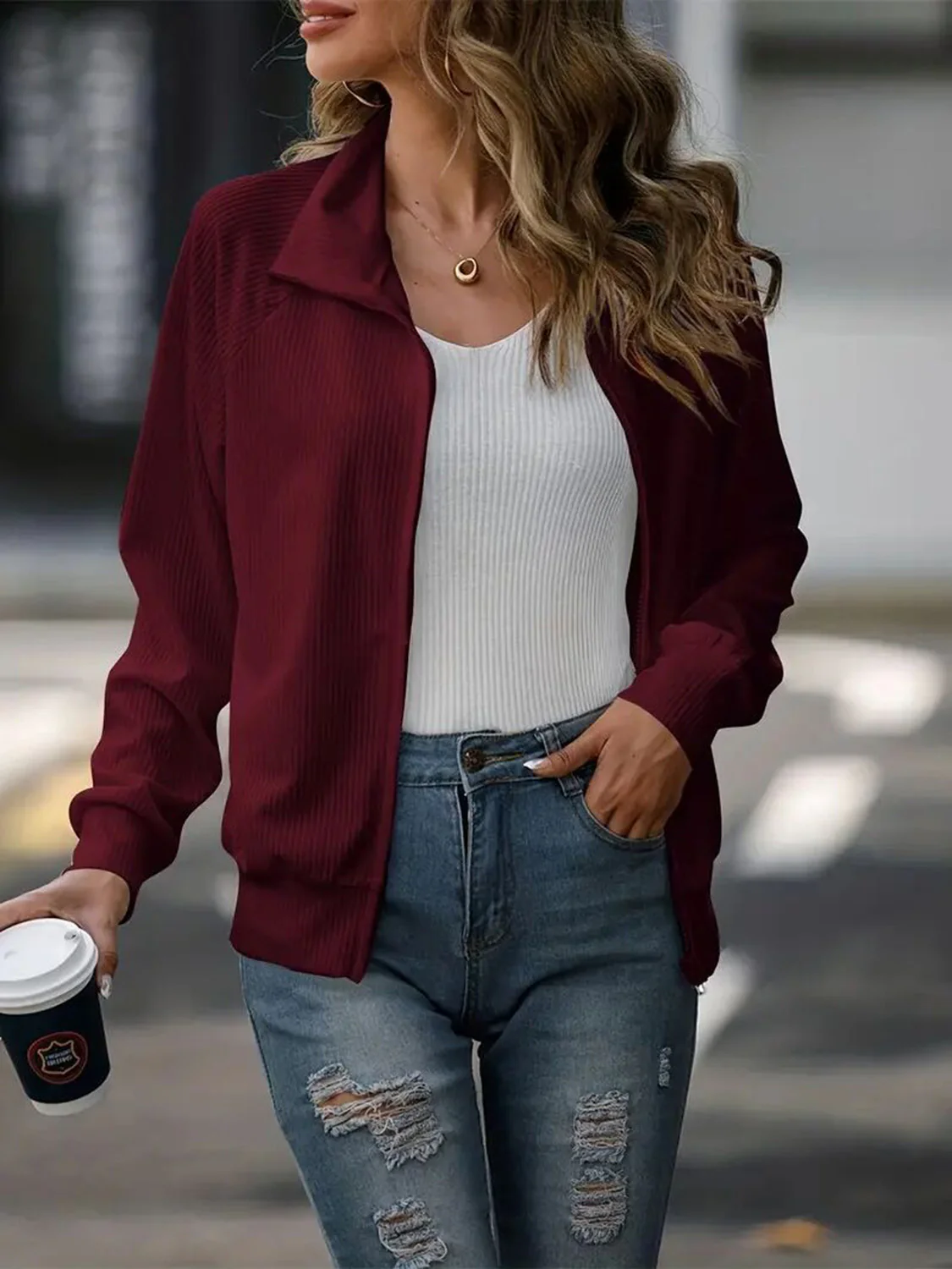 Zip Up Collared Neck Raglan Sleeve Jacket - Image 14