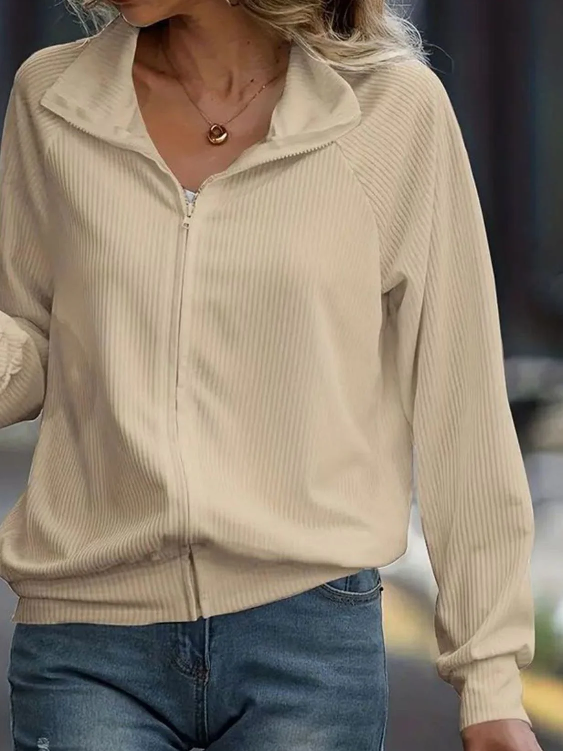 Zip Up Collared Neck Raglan Sleeve Jacket - Image 6