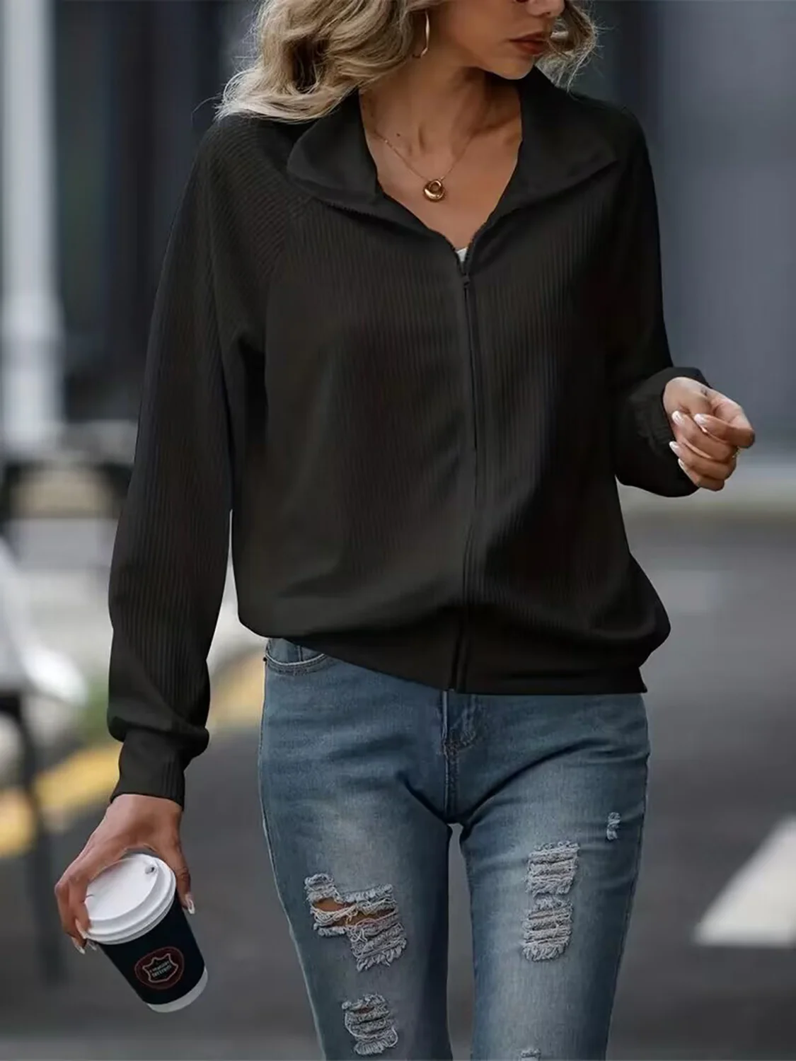 Zip Up Collared Neck Raglan Sleeve Jacket - Image 8