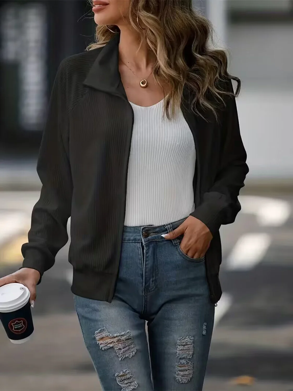 Zip Up Collared Neck Raglan Sleeve Jacket - Image 9