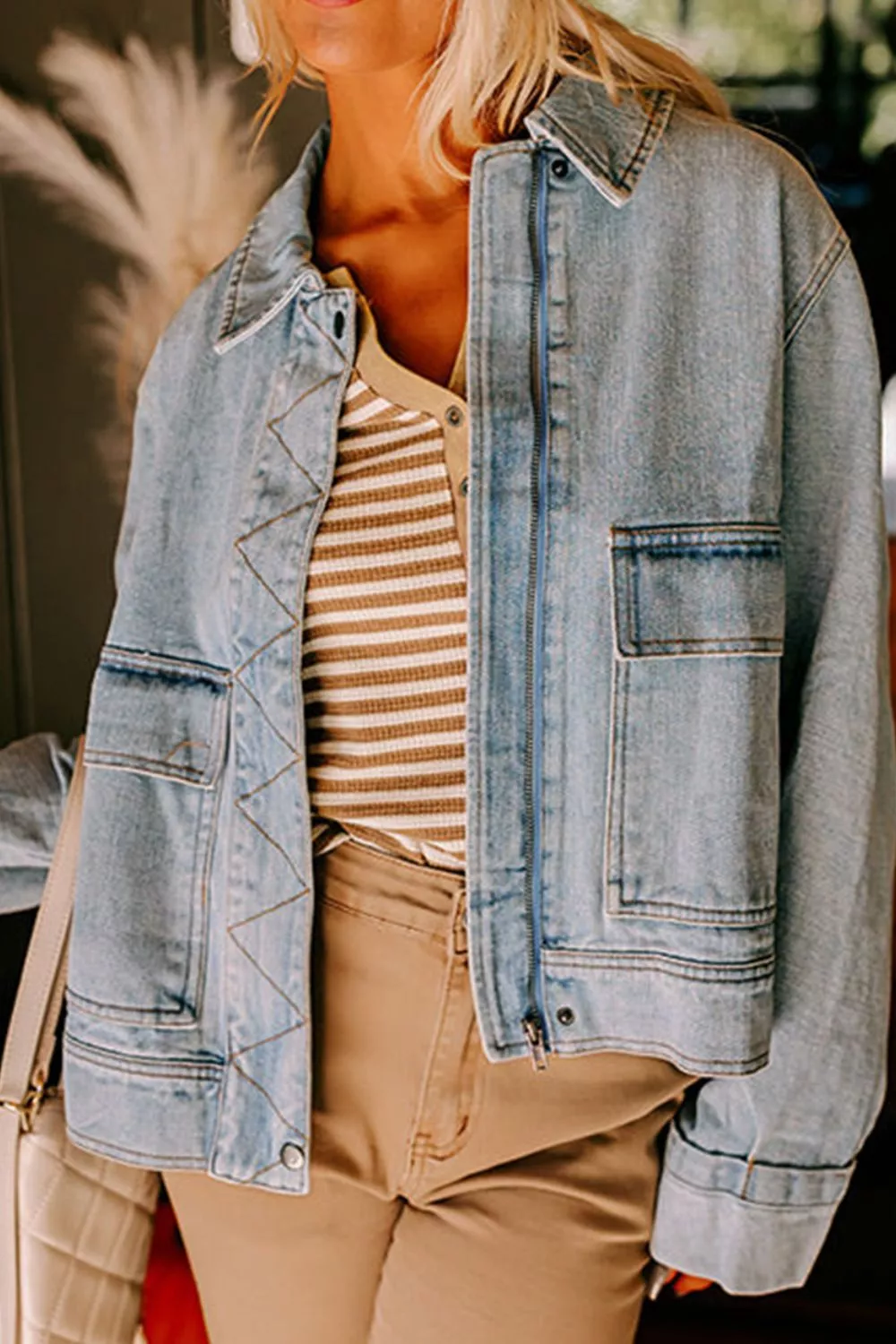 Zip Up Drop Shoulder Denim Jacket - Image 3