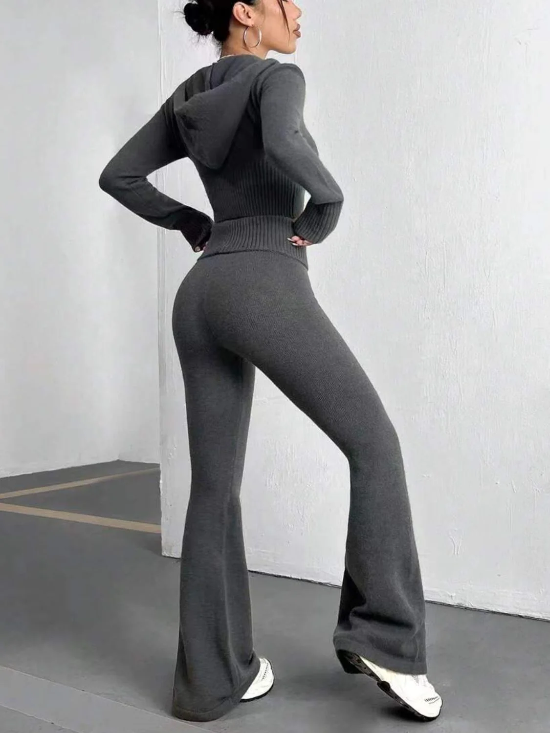 Zip Up Hooded Top and Flare Pants Sweater Set - Image 2