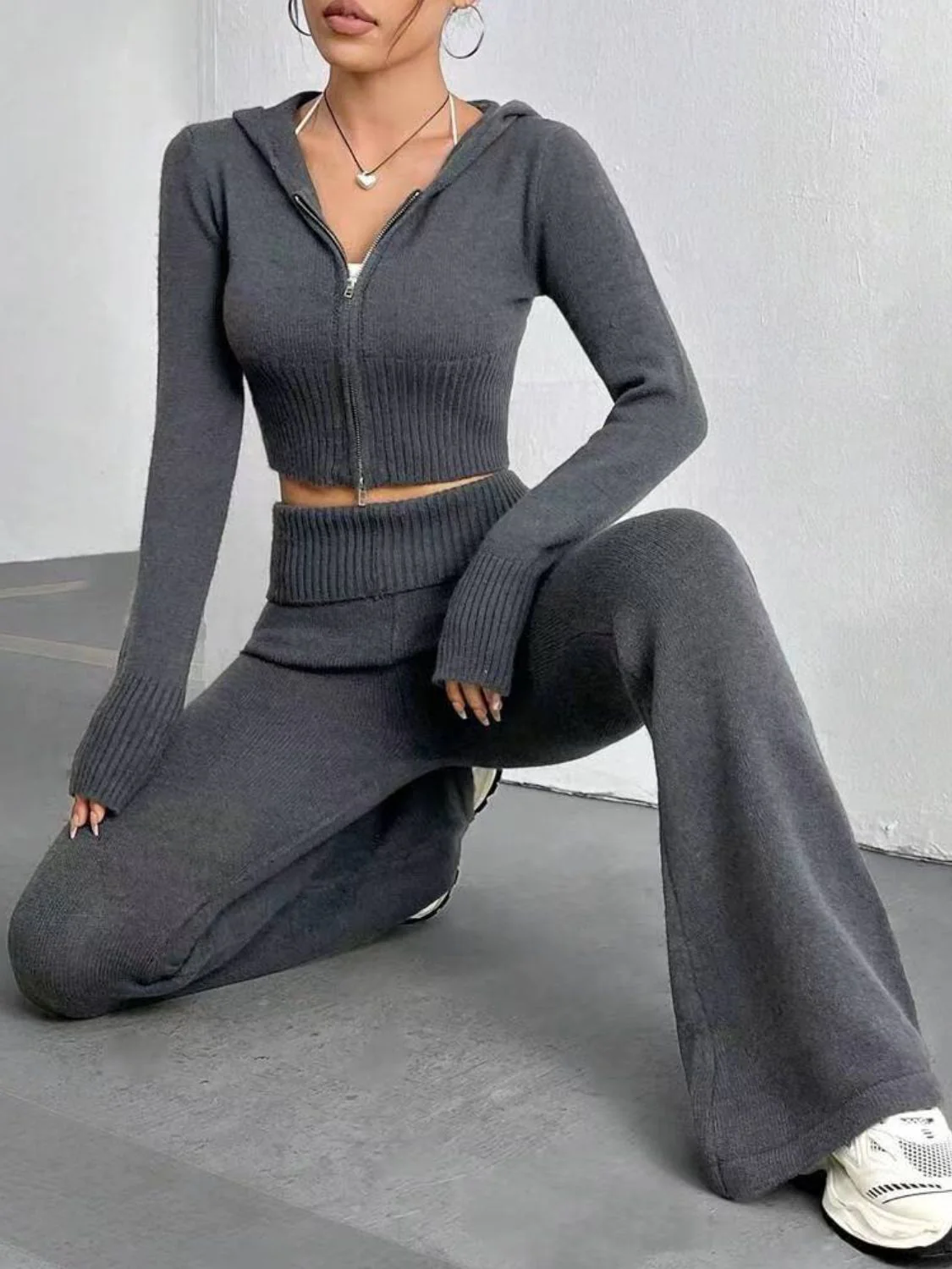 Zip Up Hooded Top and Flare Pants Sweater Set - Image 4
