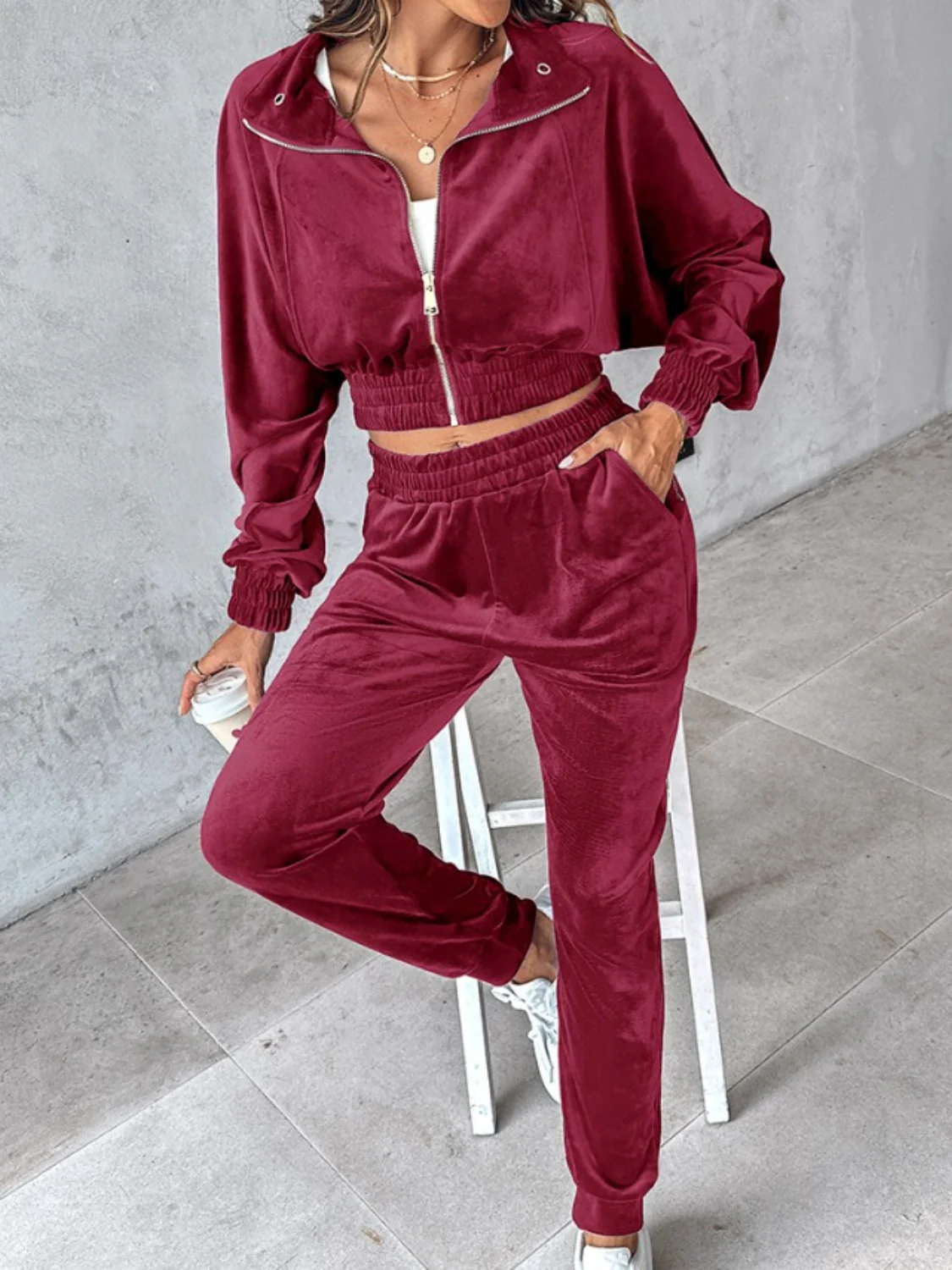 Zip Up Long Sleeve Cropped Top and Joggers Set - Image 12