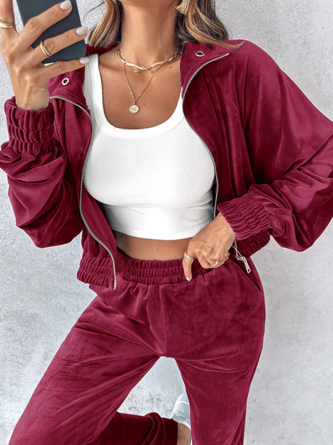Zip Up Long Sleeve Cropped Top and Joggers Set - Image 13