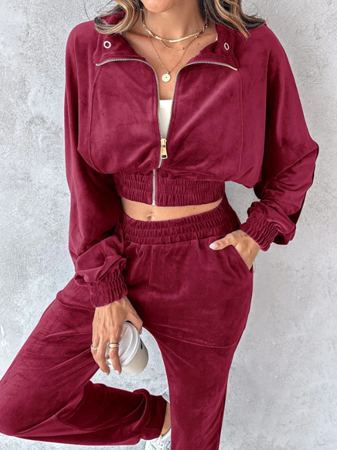 Zip Up Long Sleeve Cropped Top and Joggers Set - Image 14