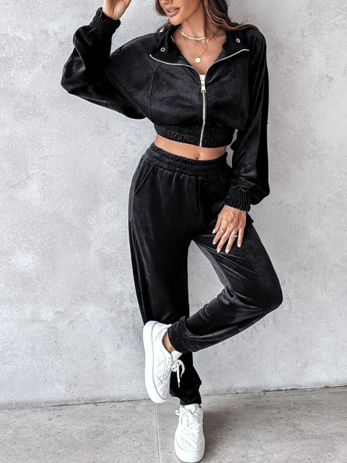 Zip Up Long Sleeve Cropped Top and Joggers Set - Image 22