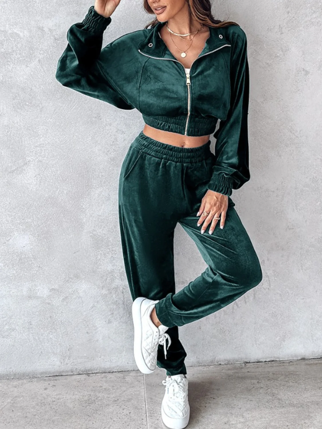 Zip Up Long Sleeve Cropped Top and Joggers Set - Image 7