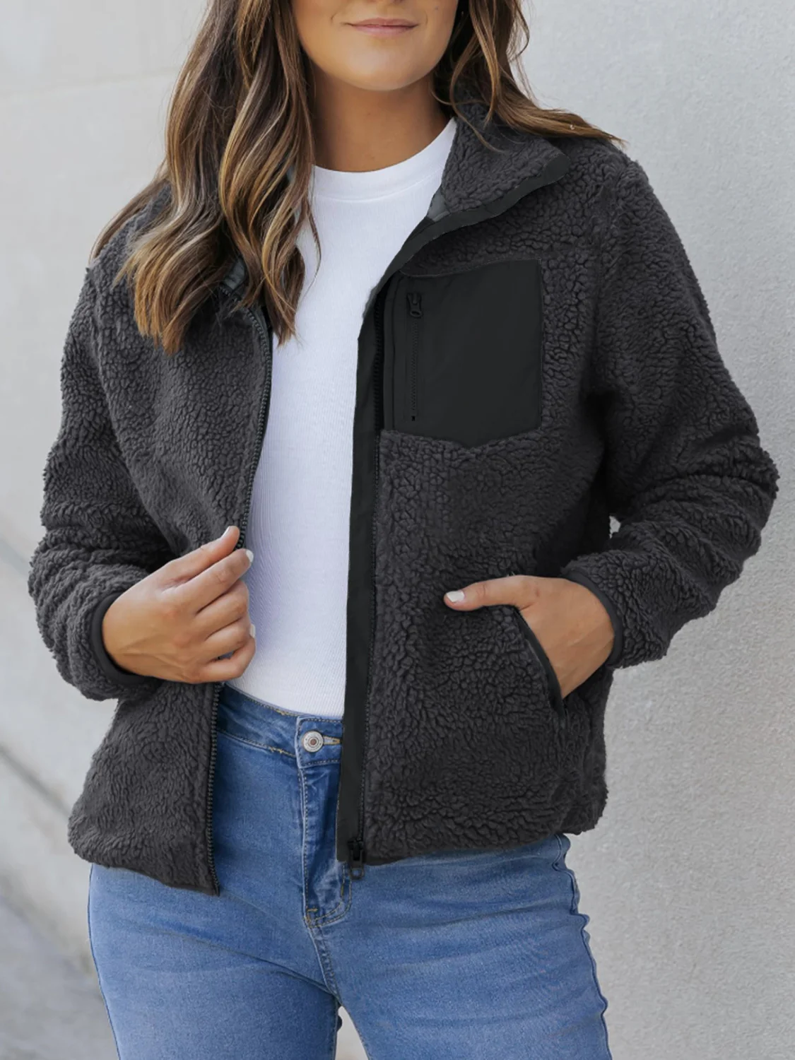 Zip Up Long Sleeve Plush Jacket - Image 5