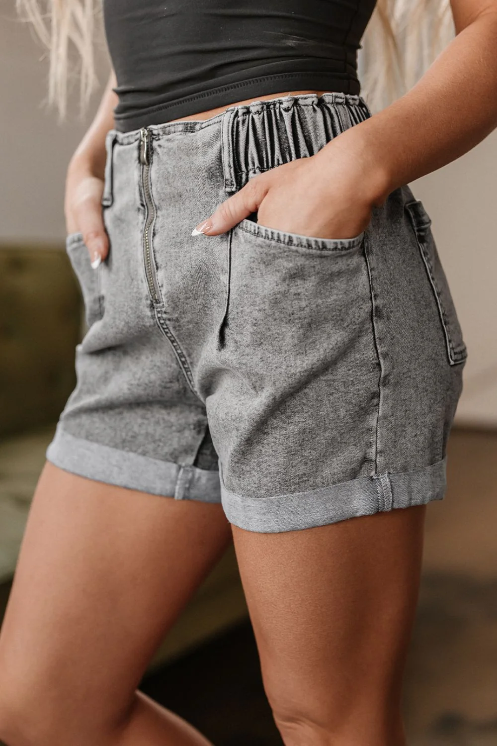 Zipped Cuffed Edge Denim Shorts - Image 2